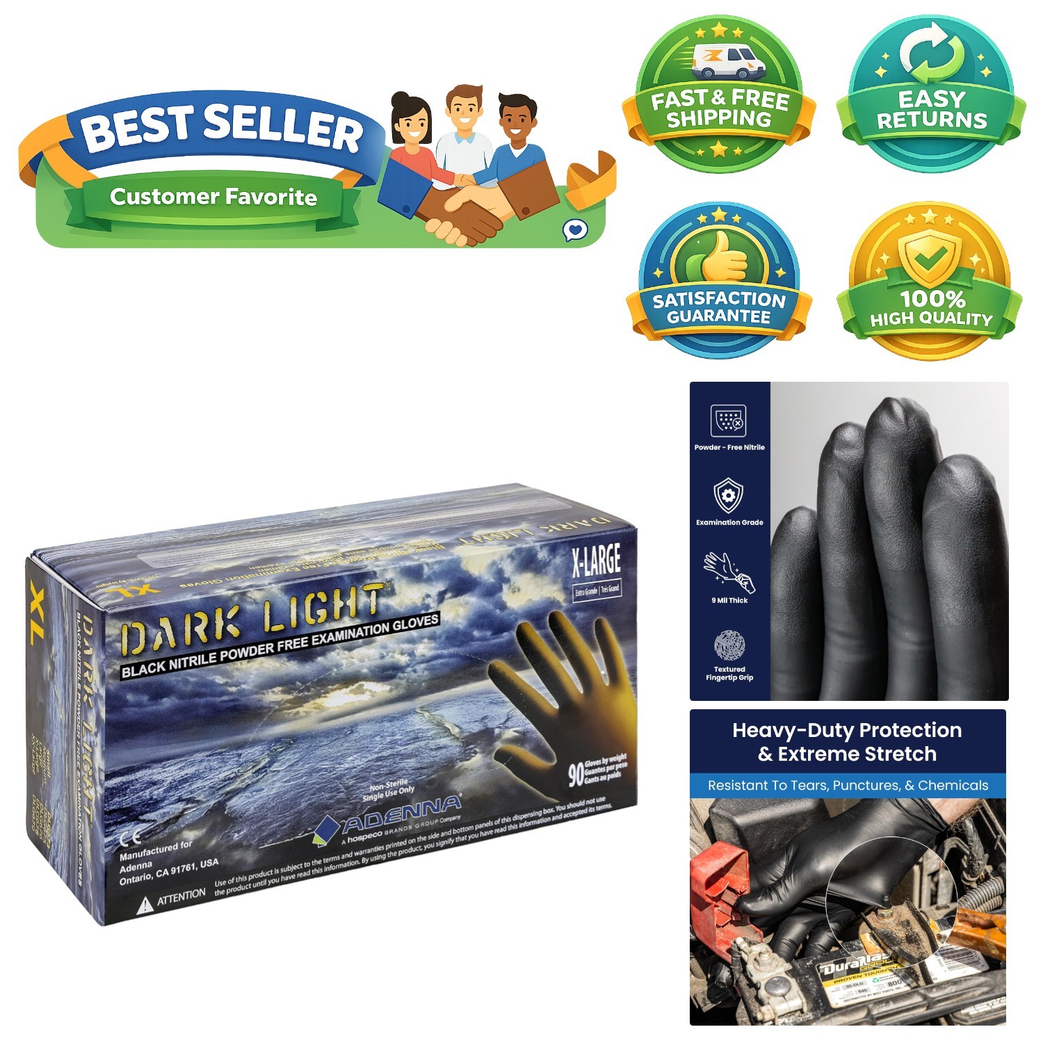 Comfortable 9-Mil Black Nitrile Gloves – Disposable Powder-Free, XL, 90 Count