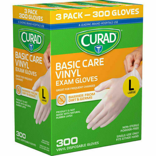 3 BOXES X 100 CURAD BASIC CARE VINYL EXAM GLOVES LARGE TOTAL 300 CT