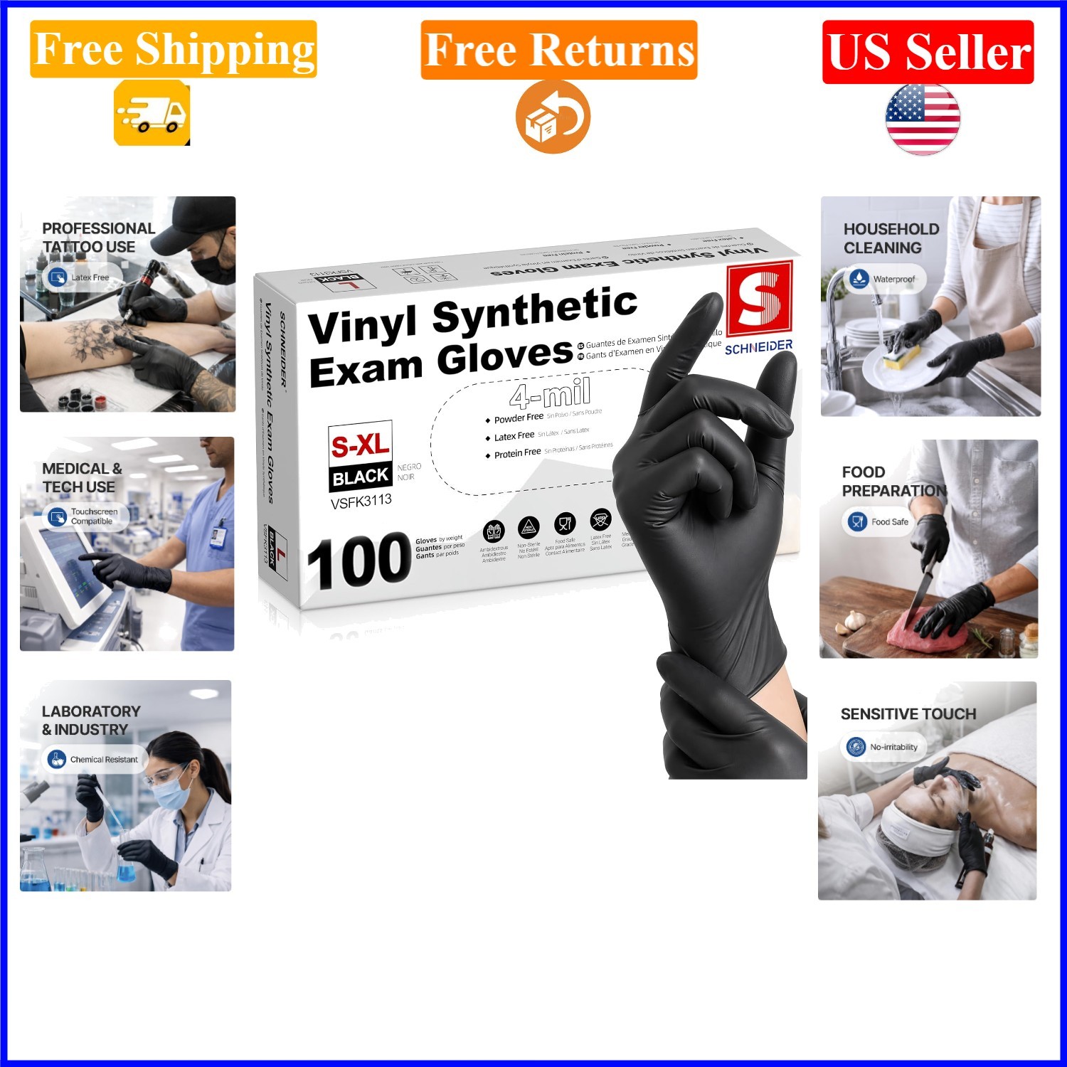 Black Vinyl Exam Gloves, 4 Mil, Latex-Free, Medium, Pack of 100