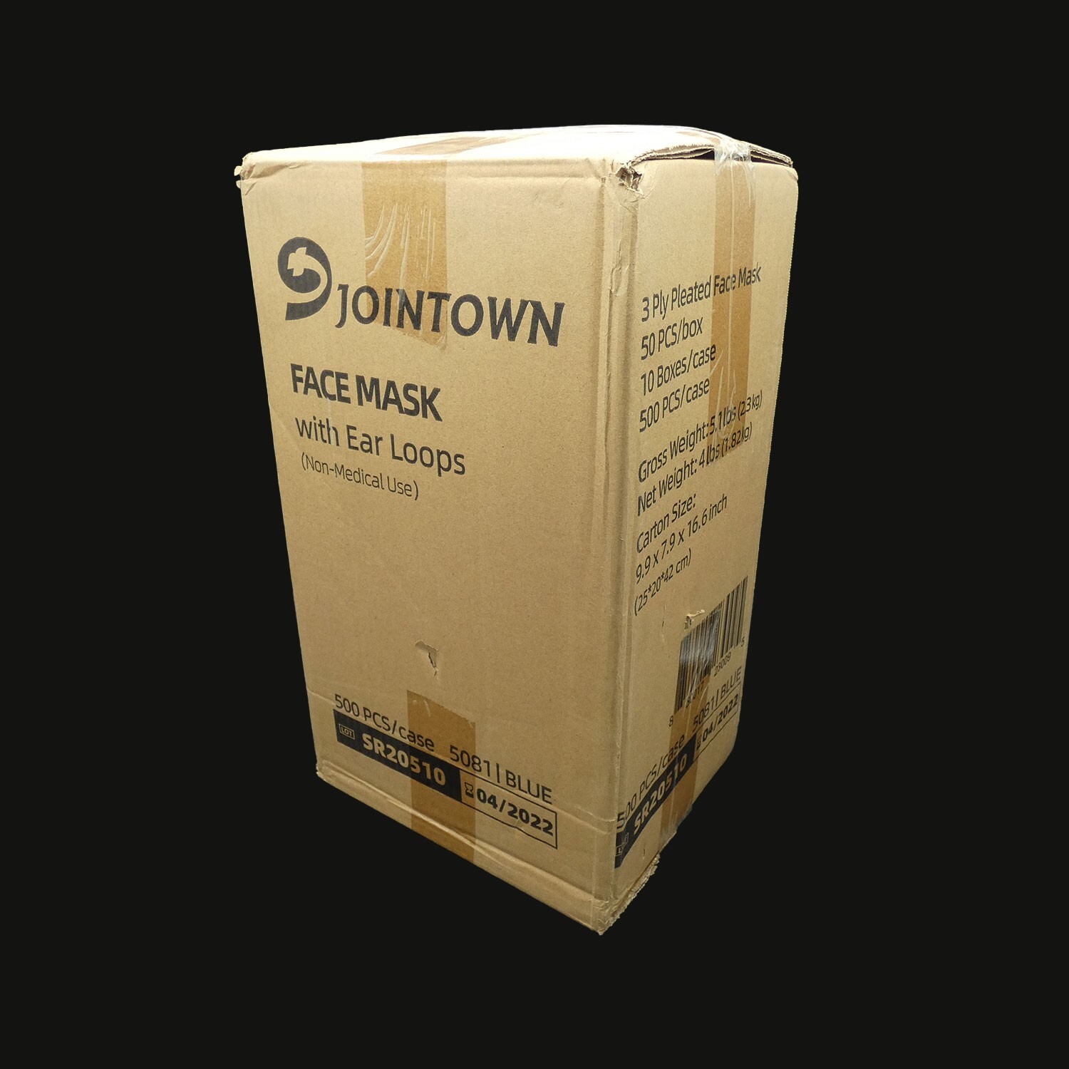 3-Ply Face Masks, Jointown, 500 masks, 50 masks/box, 10 boxes/case