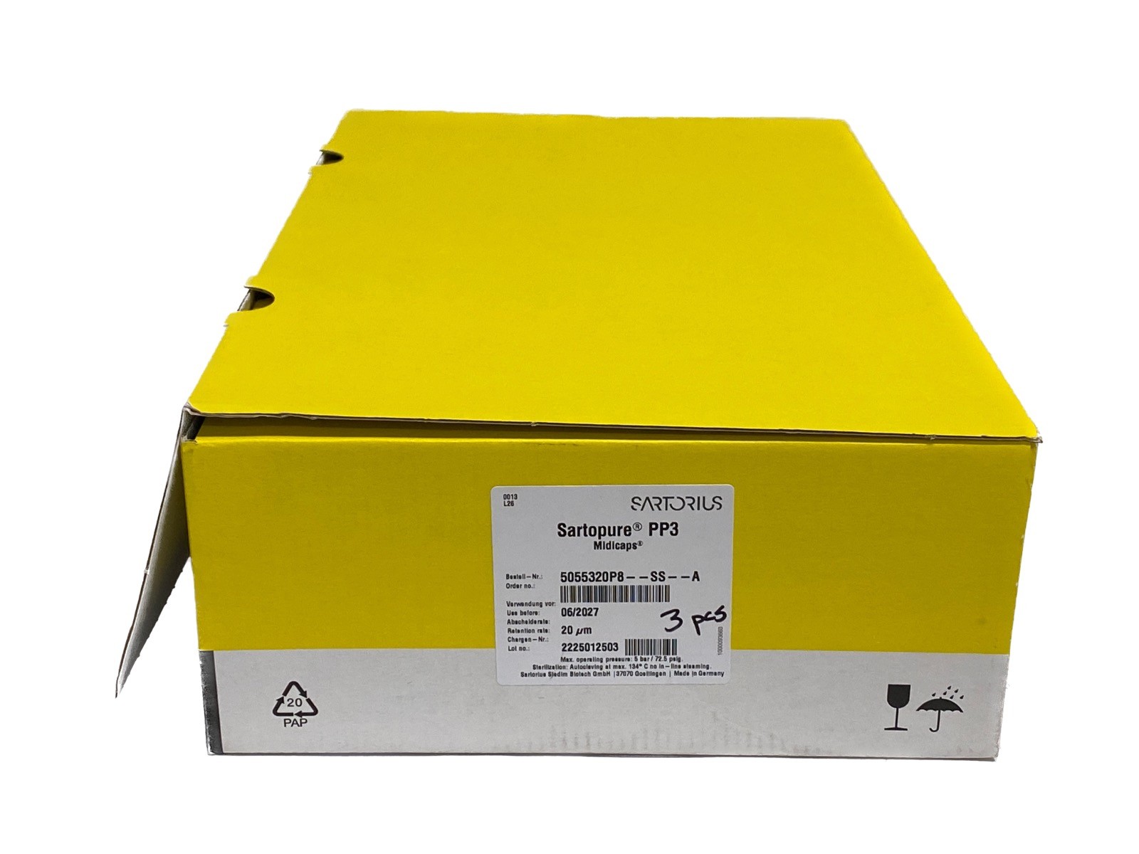 (3) SARTORIUS Sartopure PP3 Midicap 20um Capsule Filters Size 8 5055320P8–SS–A