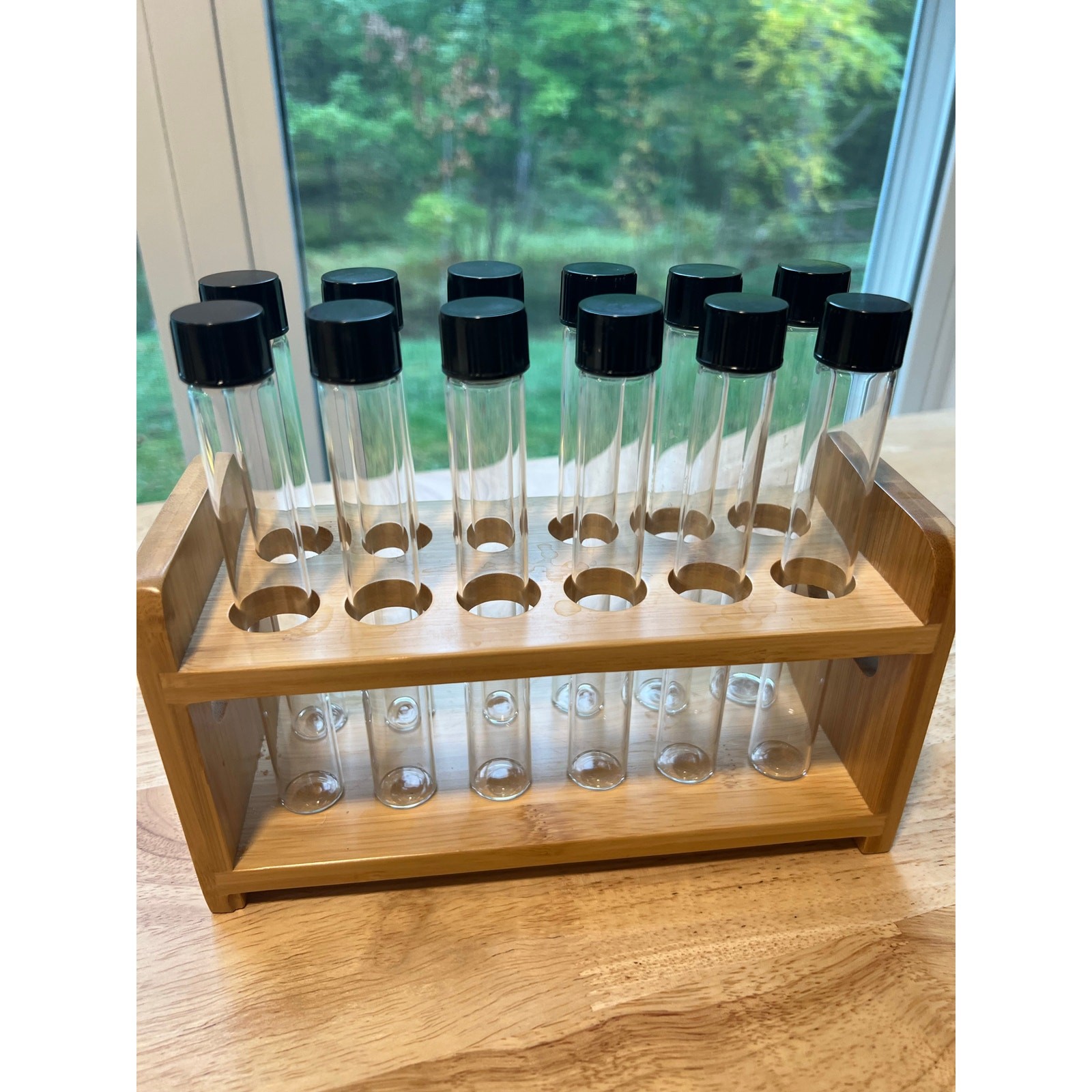 12 Capped Glass Test Tubes with Wood Stand Display Rack Science Lab Testing