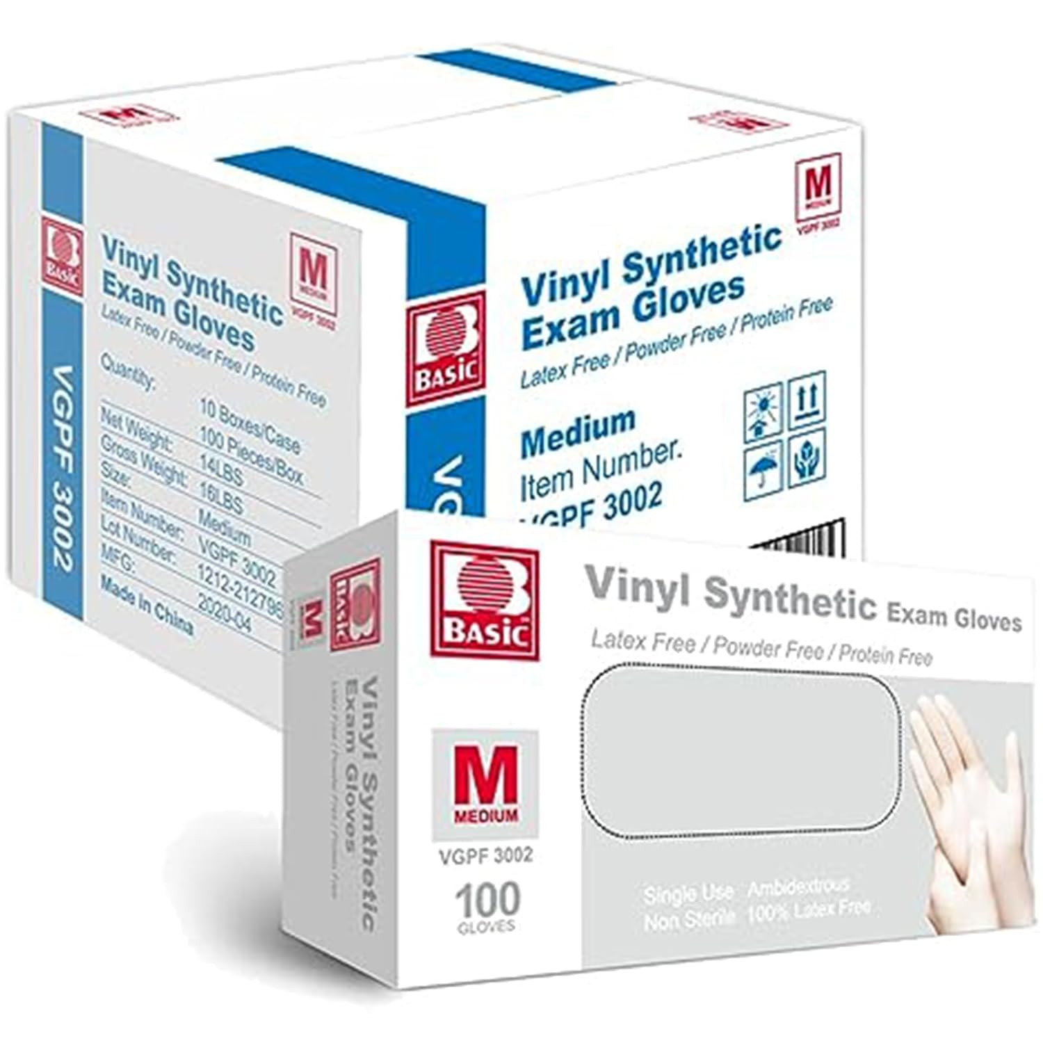 Basic Medical Vinyl Exam Gloves Disposable Latex Free Medium, Powder-Free, Clear